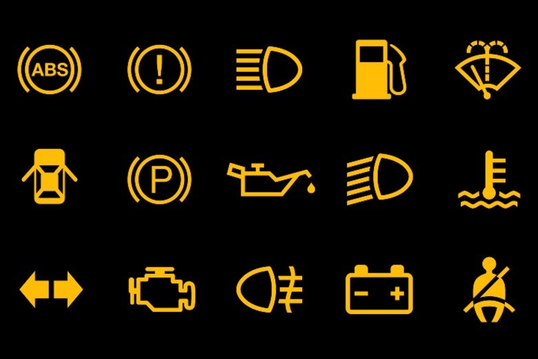 Yellow dashboard lights against a black background
